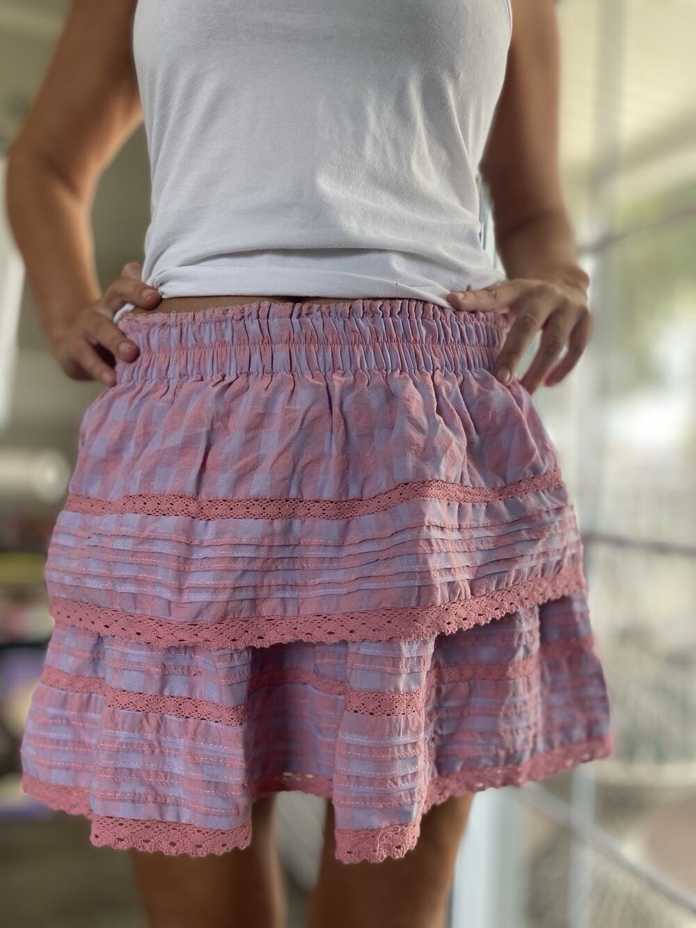 DAY + MOON Ruffle Mini Skirt Pink Purple S